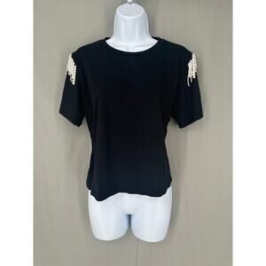 Joie Top Womens Medium Black Pearl Fringe Beaded Tee Boxy Cotton Short Sleeve